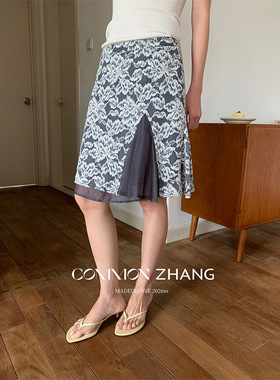 CZ ZHANG夏设计感开叉高腰双层半裙御姐风A字显瘦复古短裙C22171