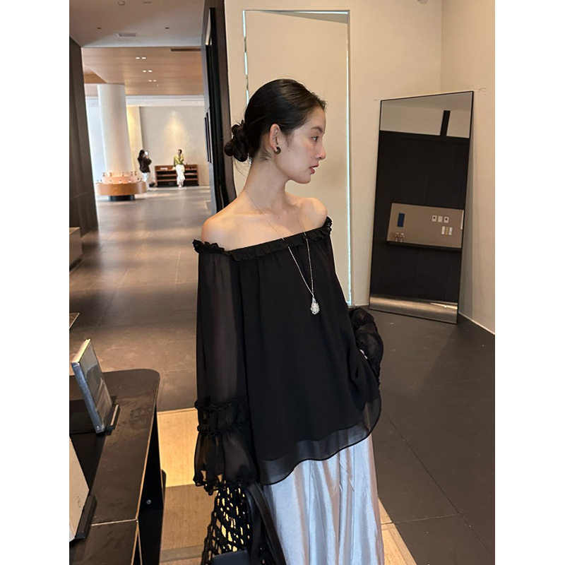 DIGM十三行法式一字肩荷叶边衬衫女2026春新款仙仙喇叭袖宽松上衣