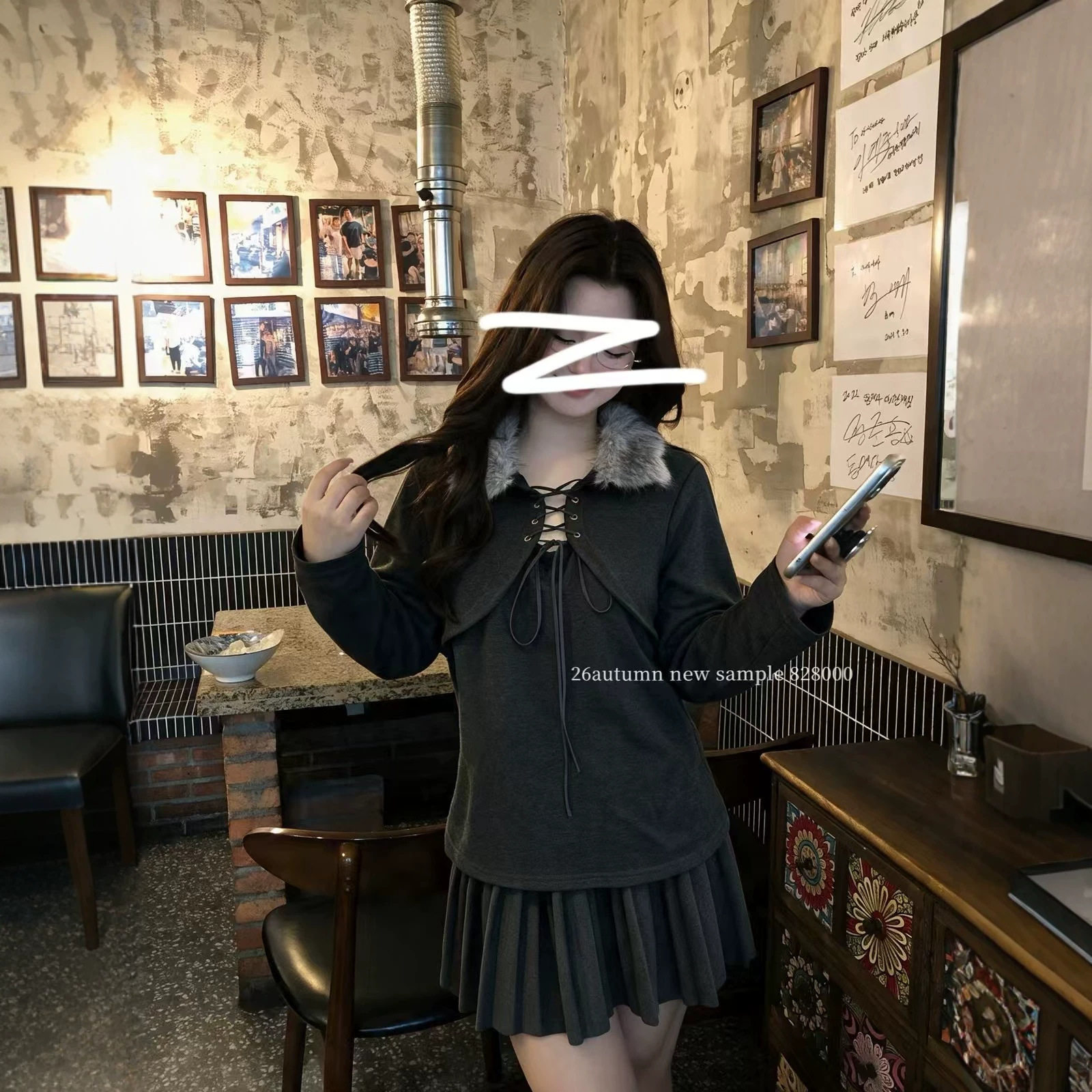 大码胖mm女装韩版毛毛翻领系带假两件2026冬季款个性修身显瘦小衫