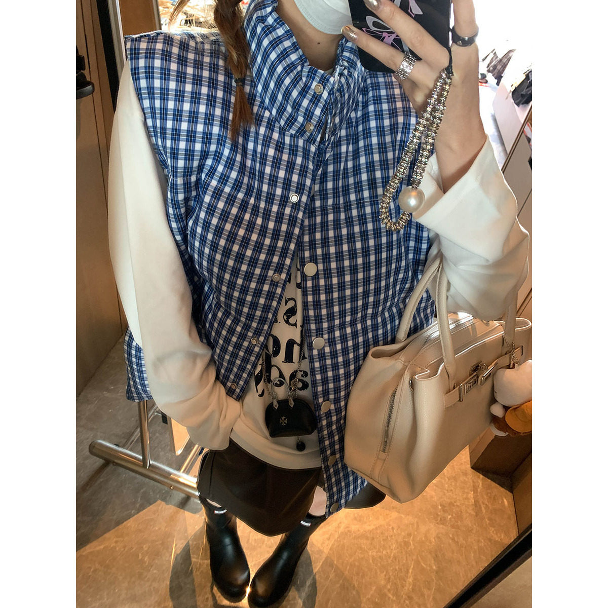 秋季新款 韩系博主风蓝色格纹立领叠穿棉服马甲外套 MQ1805