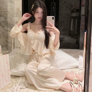 性感蕾丝带胸垫睡衣女春夏冰丝纯欲风小个子吊带短裤 家居服四件套