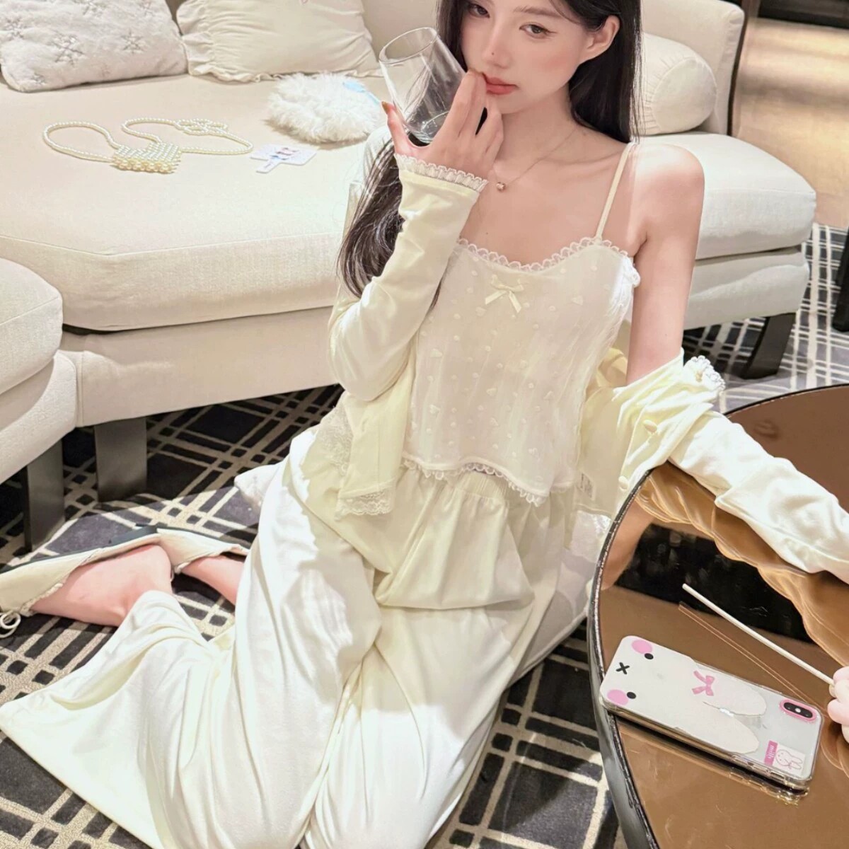 2026秋冬新款莫代尔棉睡衣女三件套甜美风带胸垫长袖家居服可外穿