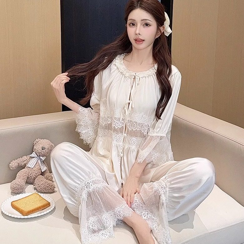 法式轻奢镂空蕾丝拼接冰丝睡衣女春夏高级感甜美公主风家居服套装
