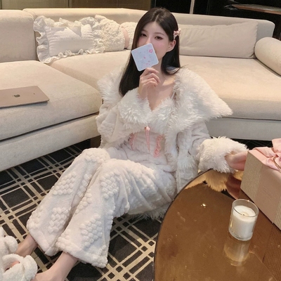 小香风大翻领睡衣女三件套秋冬季加绒加厚保暖珊瑚绒家居服可外穿