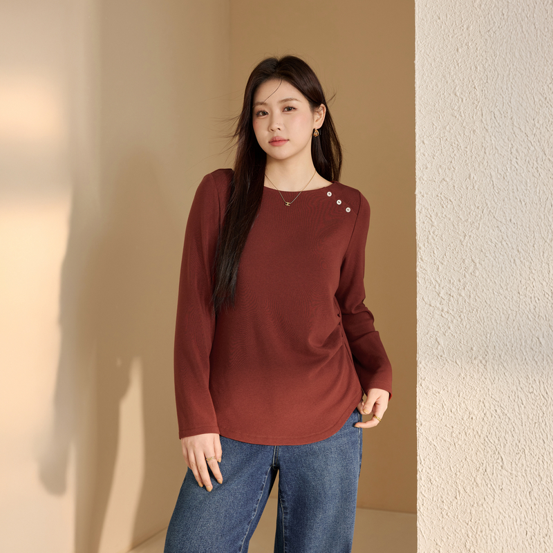 【纯色小众收腰压褶抓毛打底衫】纤莉秀大码女装胖mm2025冬装新款