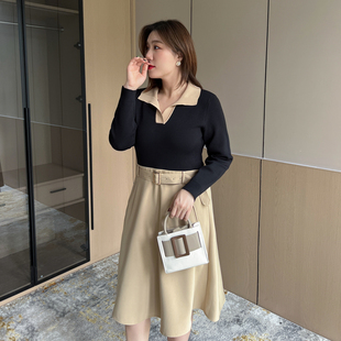 胖mm法式 纤莉秀2024冬装 女装 新款 复古拼色收腰显瘦V领连衣裙 大码