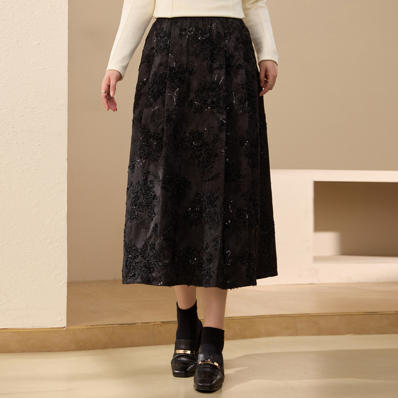 【步步生花】绣珠片立体剪花肌理百搭半身裙纤莉秀大码胖mm冬新款