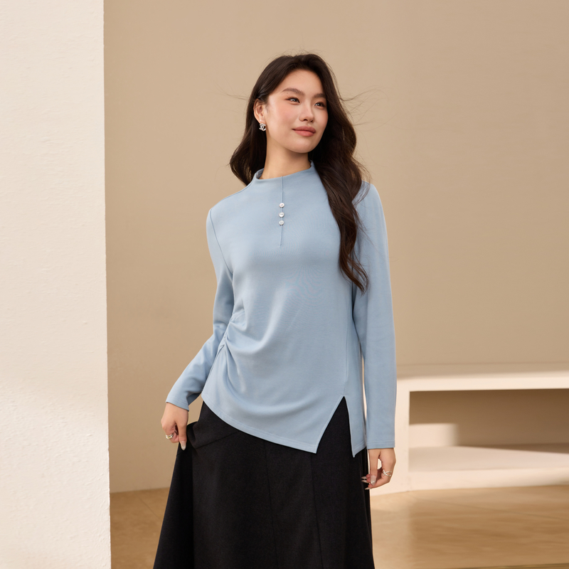 【半高领百搭针织衫】纤莉秀大码女装设计感开叉上衣胖mm冬装新款