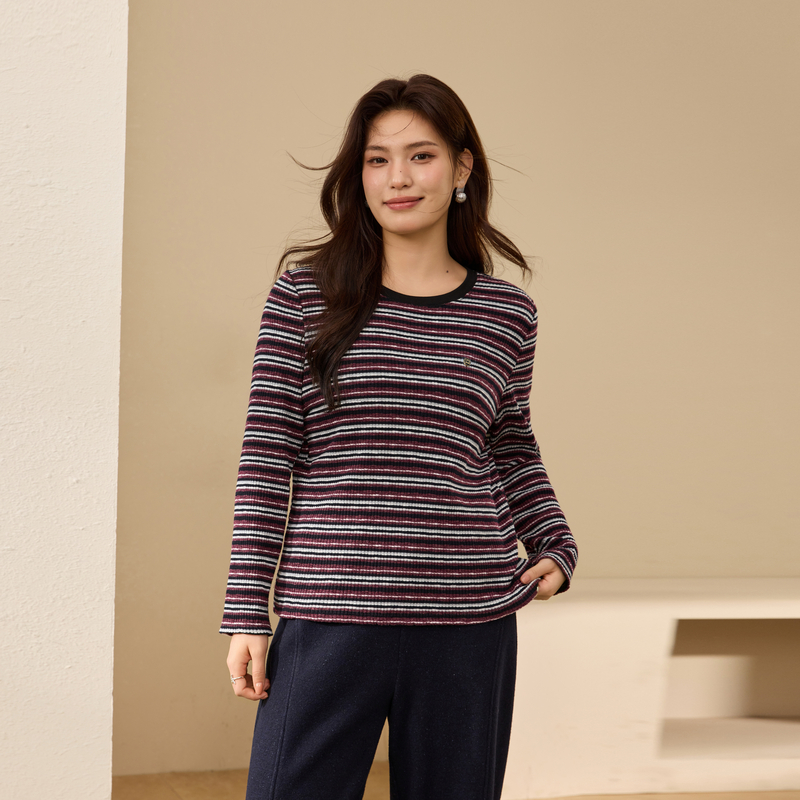 【软糯不扎针织打底衫】纤莉秀大码女装圆领条纹上衣胖mm冬装新款