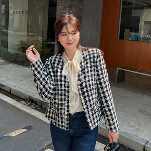 胖mm名媛御姐风百搭显瘦格子V领外套 纤莉秀2024冬装 新款 大码 女装