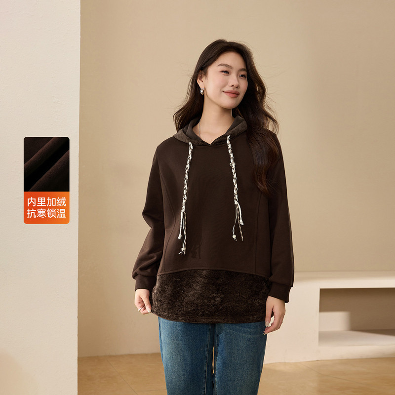【拼接设计加绒卫衣】纤莉秀大码女装休闲连帽上衣胖mm2025冬新款