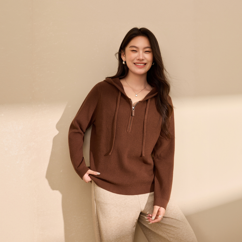 【慵懒半拉链毛衣】纤莉秀大码女装休闲连帽上衣胖mm2025冬装新款