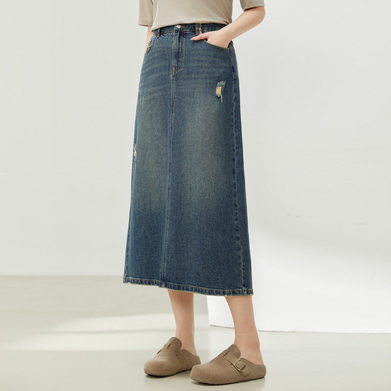【复古气质后开叉破洞牛仔半身裙】纤莉秀大码女装胖mm2025春新款