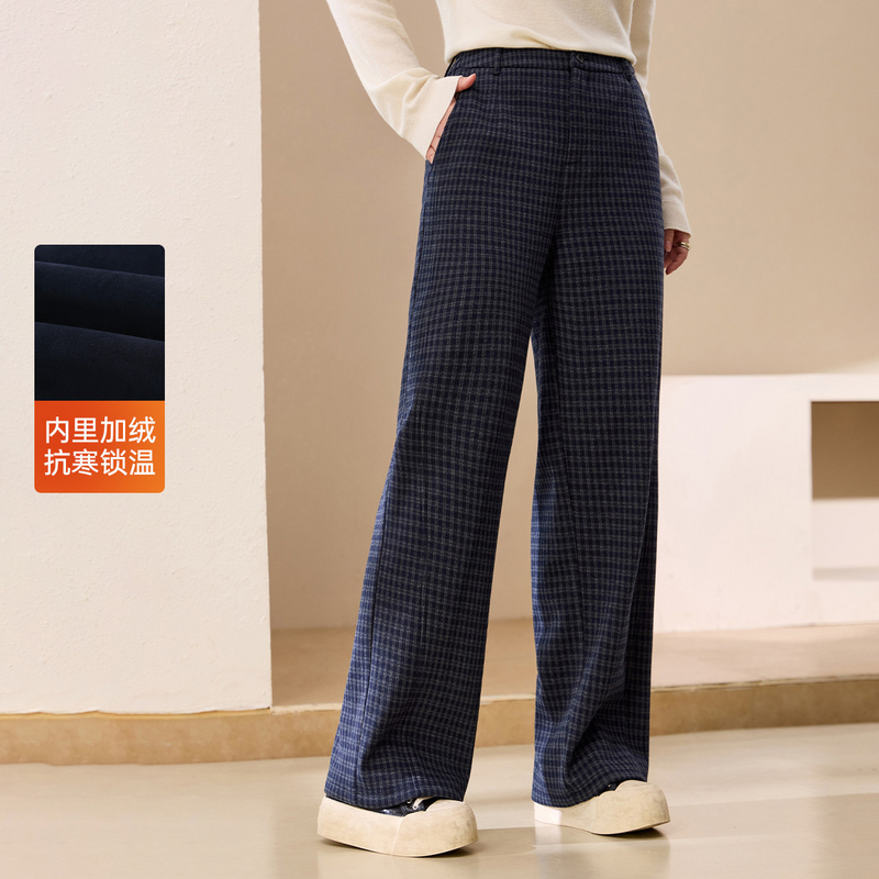 【加绒格子裤子】纤莉秀大码女装复古慵懒百搭裤子胖mm2025冬新款