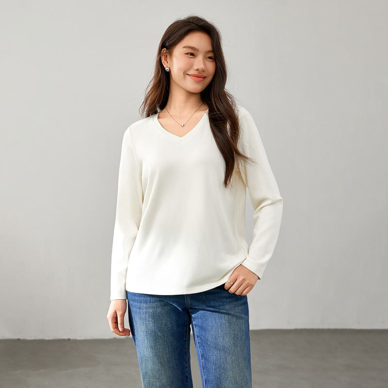 【温柔气质无束缚T恤】纤莉秀大码女装舒适百搭V领上衣胖mm秋新款