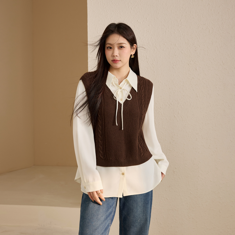 【设计感拼接毛衣】纤莉秀大码女装韩系减龄上衣胖mm2025冬装新款