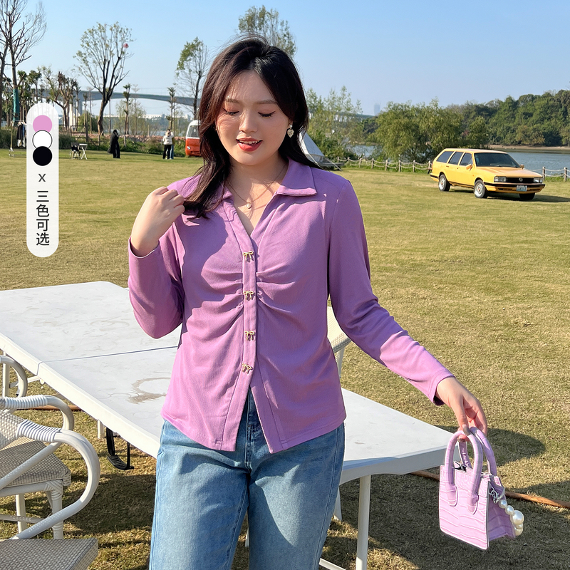 纤莉秀2023秋装新款大码女装胖mm温柔纯色上衣百搭显瘦POLO领T恤