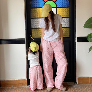 女童裤子春夏薄纯棉男女宝防蚊裤阔腿裤套装亲子装休闲长裤直筒裤