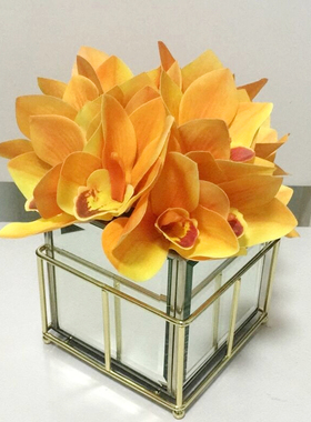 轻奢港式橙色蕙兰镜面金属花器样板房售楼处茶几仿真装饰花艺摆件