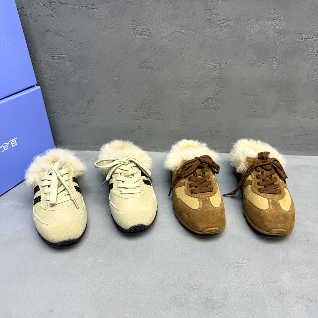 真皮羊毛加绒厚底德训包头拖女