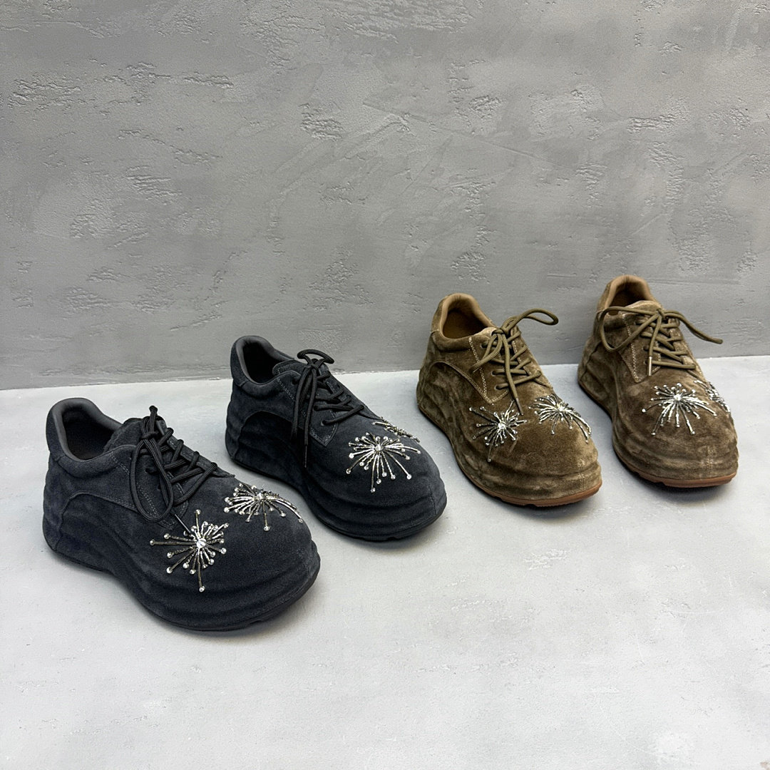 秋冬真皮磨砂厚底水钻系带松糕鞋