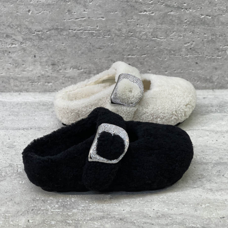 真毛皮带扣水钻羊毛包头拖毛毛鞋