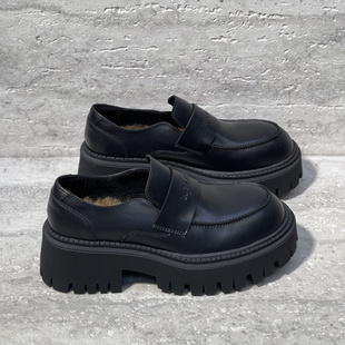 小皮鞋 欧洲站女鞋 皮面一脚蹬粗跟厚底加绒乐福鞋 新款 女潮 2025冬季