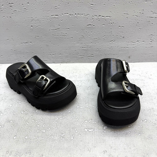 夏新胎牛皮厚底露趾女凉拖