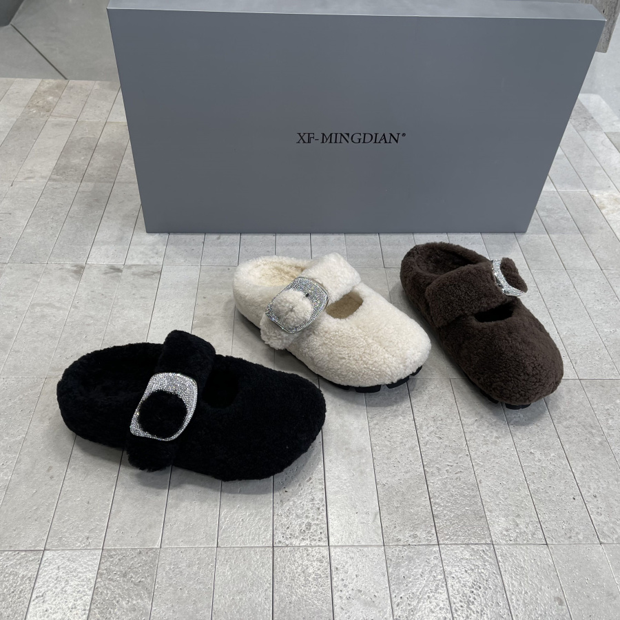 羊羔毛皮带扣轻便包头拖毛毛鞋女