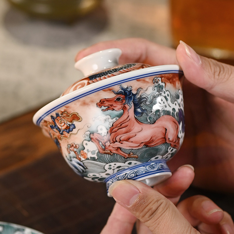 盖碗茶杯茶碗景德镇青花瓷釉下五彩龙马精神二才盖碗 - 实物图