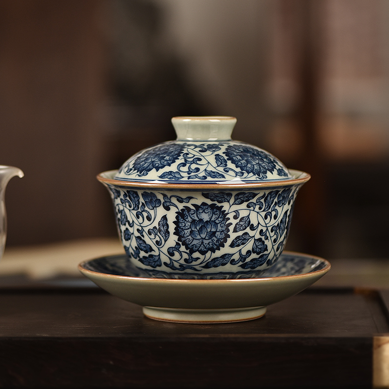 景德鎮(zhèn)青花瓷纏枝蓮紋三才蓋碗茶杯單個(gè)大號(hào)蓋碗茶碗