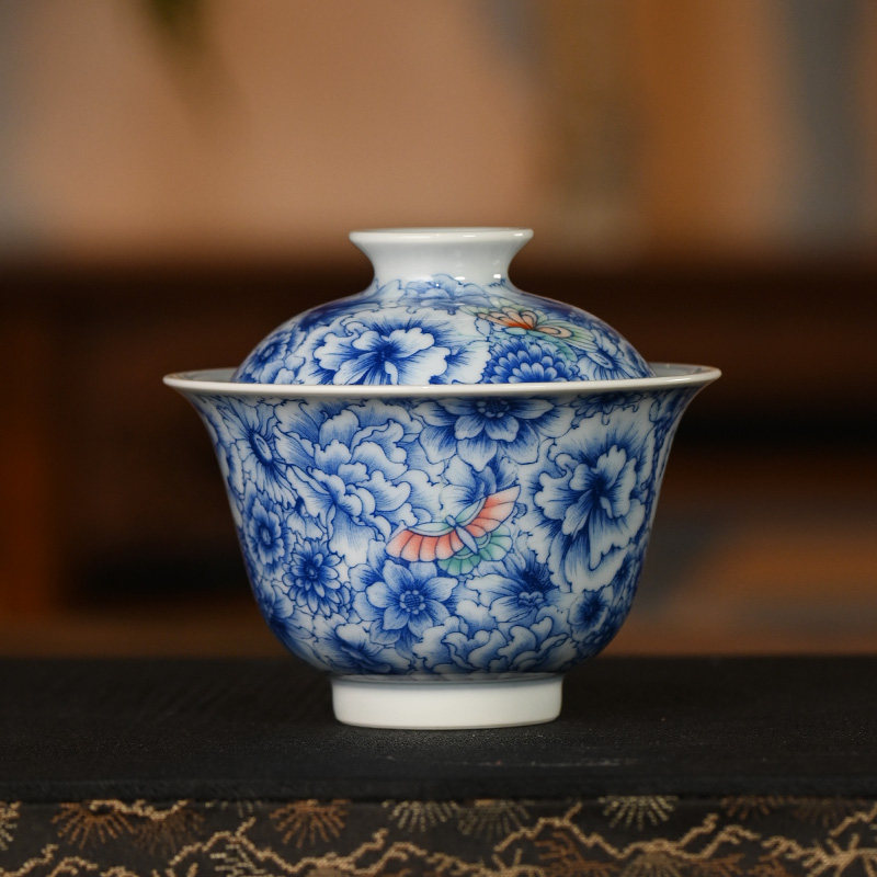 盖碗茶杯景德镇青花瓷陶瓷茶碗釉下岩茶碗盖碗茶碗青花万花