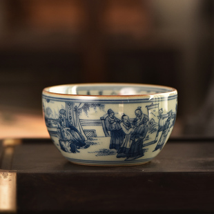 主人杯单杯功夫茶杯龙纹压手杯景德镇青花人物十八学士