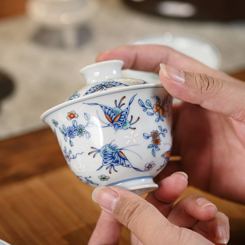 景德镇青花瓷盖碗茶杯陶瓷茶碗釉下岩茶盖碗茶碗釉下青花蝶恋盖碗