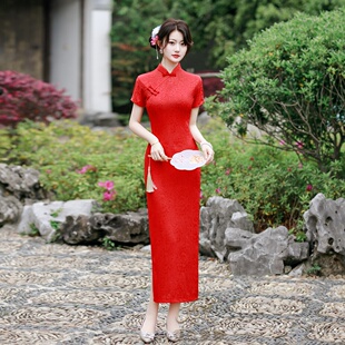 高端气质红色提花中长款走秀演出服中国风旗袍回娘家礼仪迎宾服装