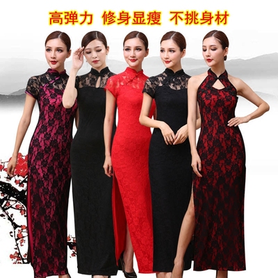 春款走秀广场舞蕾丝旗袍连衣裙