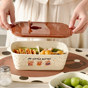 可爱陶瓷学生分隔饭盒带盖便携微波炉加热保鲜碗上班族专用便当盒