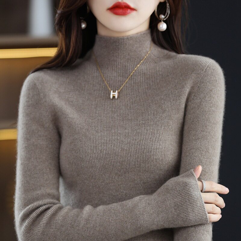 半高领竖纹纯色羊毛衫女2022秋冬一线成衣修身显瘦打底衫上衣