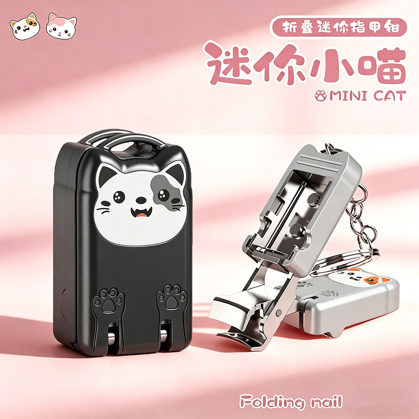 迷你小猫折叠指甲钳便携式指甲剪可爱卡通指甲刀自带磨甲器指甲锉