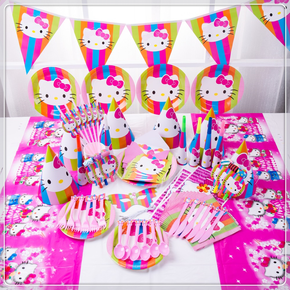 彩虹凯蒂猫Kitty可爱卡通粉色条纹宠物纸杯纸盘纸巾字母气球吊饰