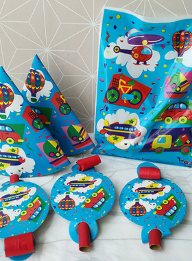 红蓝色太空清新4人帽子小丑吹龙舌头12件派对装饰门布玩具套装