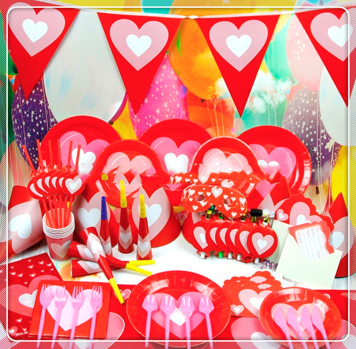 爱心红色桃心情人节餐桌用品纸杯纸盘纸巾装饰旗帜气球字母旗装饰