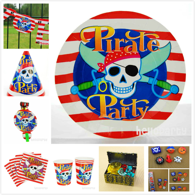 条纹粉色海盗pirate派对聚会餐桌用品生日派对帽纸巾纸杯纸盘