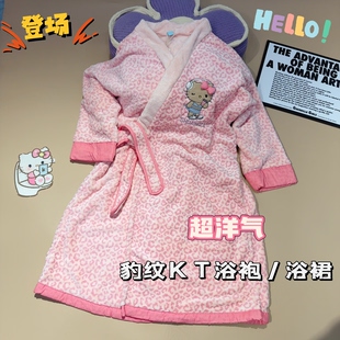 新款豹纹Kitty浴袍女秋冬珊瑚绒加厚保暖浴衣可爱卡通家居服睡袍