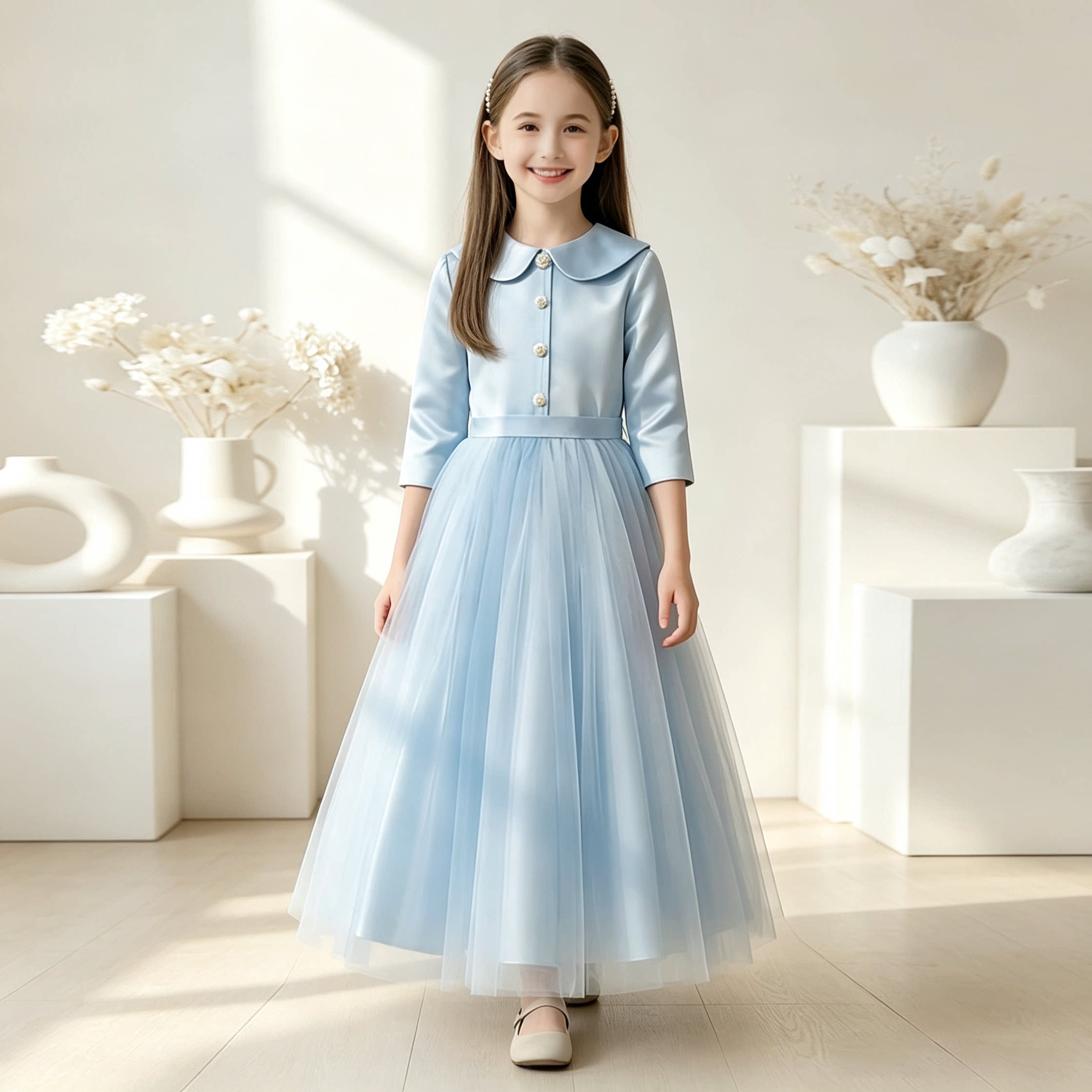 女童礼服高端浅蓝色儿童生日公主裙舞台表演主持女孩钢琴演奏礼服