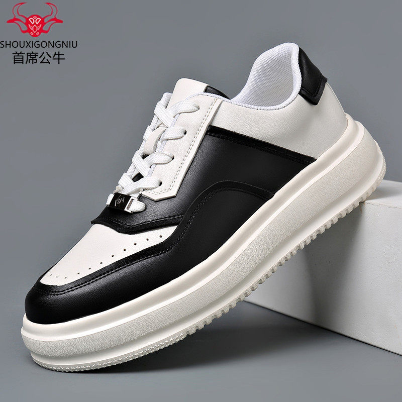 首席公牛男鞋新款真皮休闲皮鞋舒适厚底小白鞋百搭潮流运动板鞋