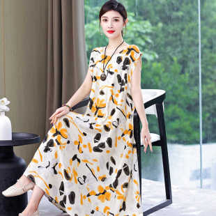 显瘦睡裙 中老年睡衣200斤妈妈碎花大码 夏季 新棉绸连衣裙女中长款