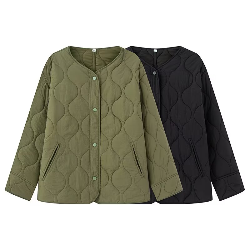 简约圆领轻薄绗缝女棉服显瘦