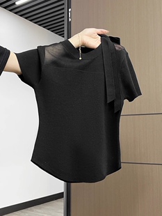 蕾丝时尚 高贵女士圆领短袖 新款 夏季 显瘦上衣女 网纱打底衫