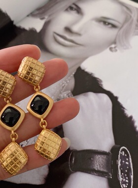 yuwelry欧美vintage中古复古菱形长款耳环新款高级气质耳饰名媛风